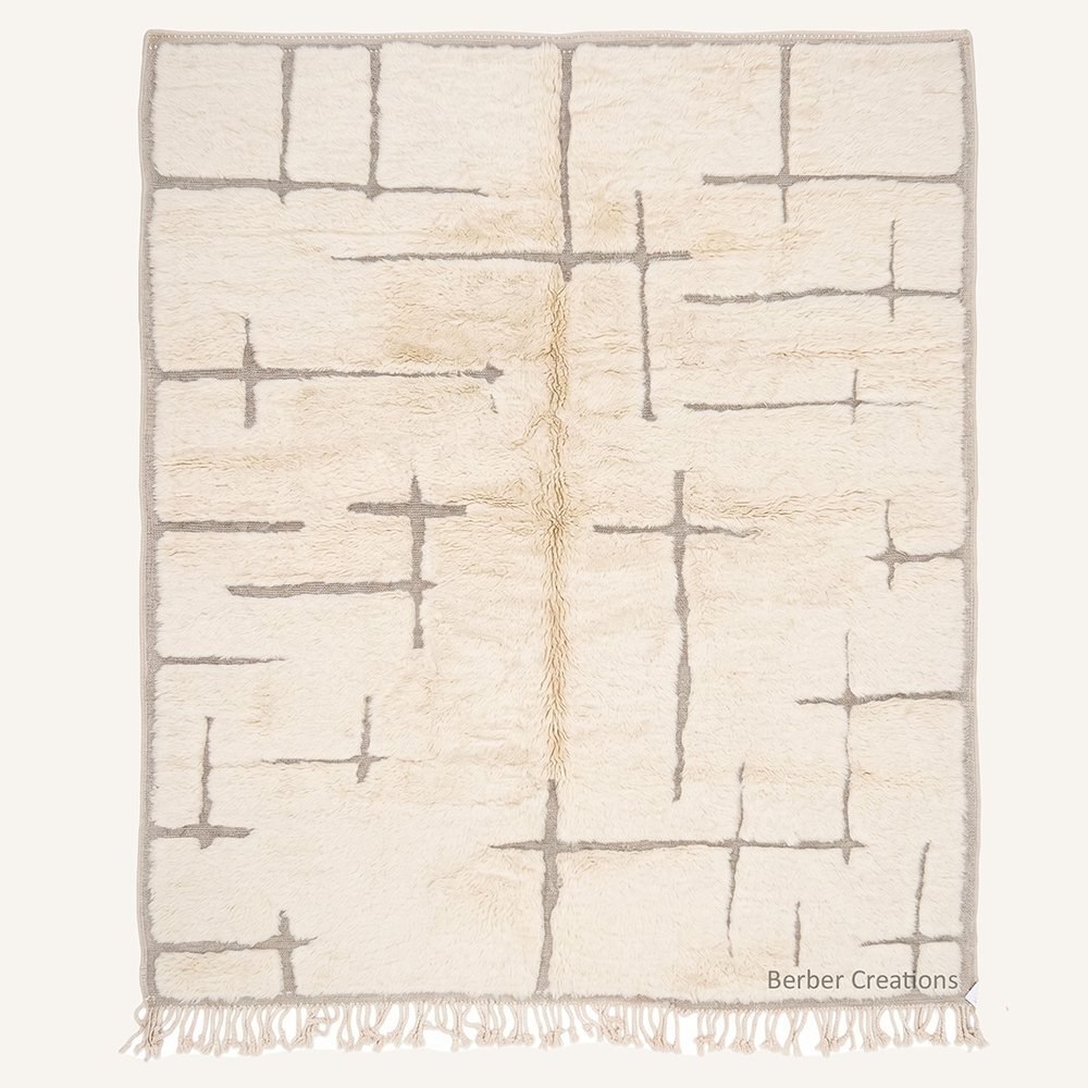Stellar Grid minimalist cream and grey wool Moroccan rug with abstract cross grid pattern by Berber Creations
