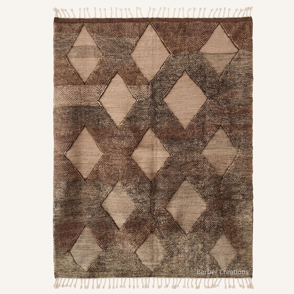 Tonal brown interlocking diamond pattern Beni Mrirt rug, espresso and cocoa gradient wool, producer-direct from our Atlas workshop.