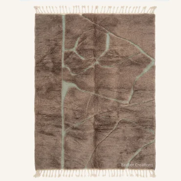 Beni Mrirt Rug: Mauve Taupe with Mint Green Abstract Lines  – High Pile Shag Wool, Direct from Atlas Workshop