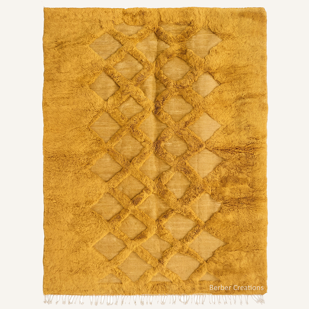 Golden Lattice textured ochre yellow wool Moroccan rug with 3D diamond pattern by Berber Creations