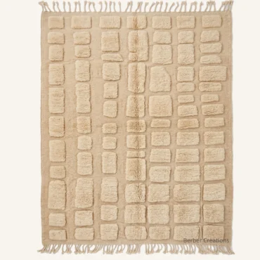Beni Mrirt Rug: “The Saharan Pavé” 3D Carved Block Pattern – High-Density Organic Sand Beige Wool, Direct from Atlas Workshop