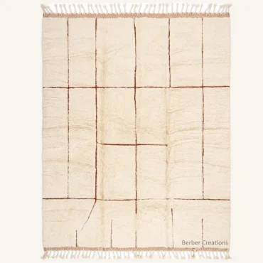Beni Mrirt Rug: “The Sienna Lattice” Ivory Shag with Terracotta Grid – High-Density Organic Wool, Producer-Direct from Atlas Workshop