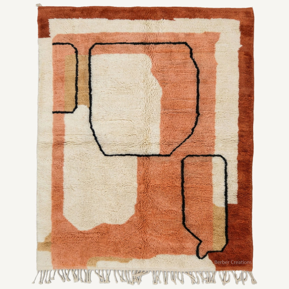 Hand-knotted geometric Moroccan rug "The Sienna Silhouette" by Berber Creations. Features black outlines with terracotta, peach, and cream color blocks. High-pile wool texture with braided fringe, ideal for modern minimalist and mid-century modern interiors.