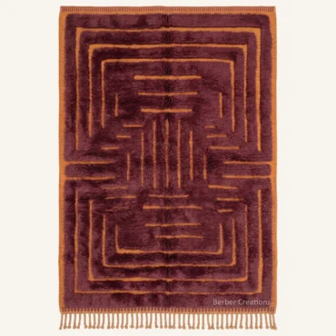 The Sahara Rhythm | Hand-Knotted 3D Labyrinth Burgundy & Amber Moroccan Wool Rug