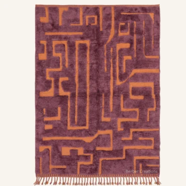 Crimson Labyrinth Custom Moroccan Rug – 3D Carved Purple & Terracotta Wool Carpet