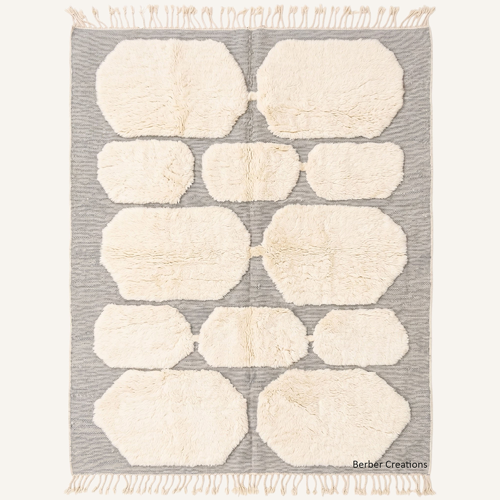 The Desert Pebble high-low 3D textured cream and grey Moroccan wool rug, hand-knotted in the Berber Creations workshop.