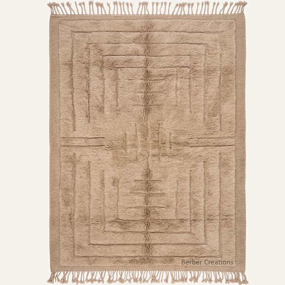 Camel Labyrinth carved wool Moroccan rug in warm camel brown and terracotta biscuit wool with high low geometric maze pile by Berber Creations
