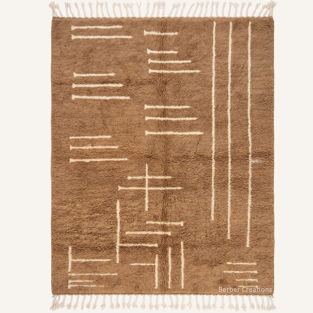 Earth Linear Rhythm 3D carved brown Berber Moroccan rug with plush walnut wool field and a geometric layout of ivory cream lines by Berber Creations