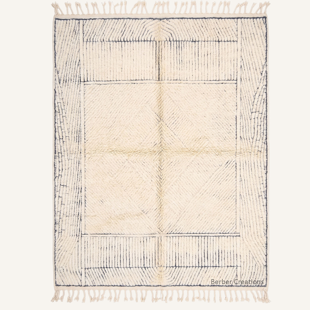 The Linear Horizon geometric cream and black Moroccan wool rug with high-low 3D linear patterns, hand-knotted in the Berber Creations workshop.
