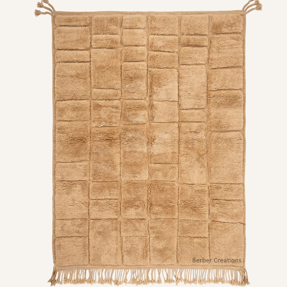 Saharan Terraces 3D carved wool Moroccan rug in warm camel and honey gold wool with high low geometric block pile by Berber Creations