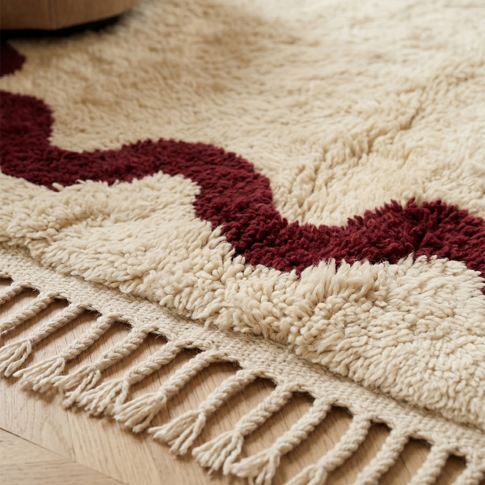 The Crimson Ripple – Minimalist Wavy-Border Cream Moroccan Wool Rug - Image 2