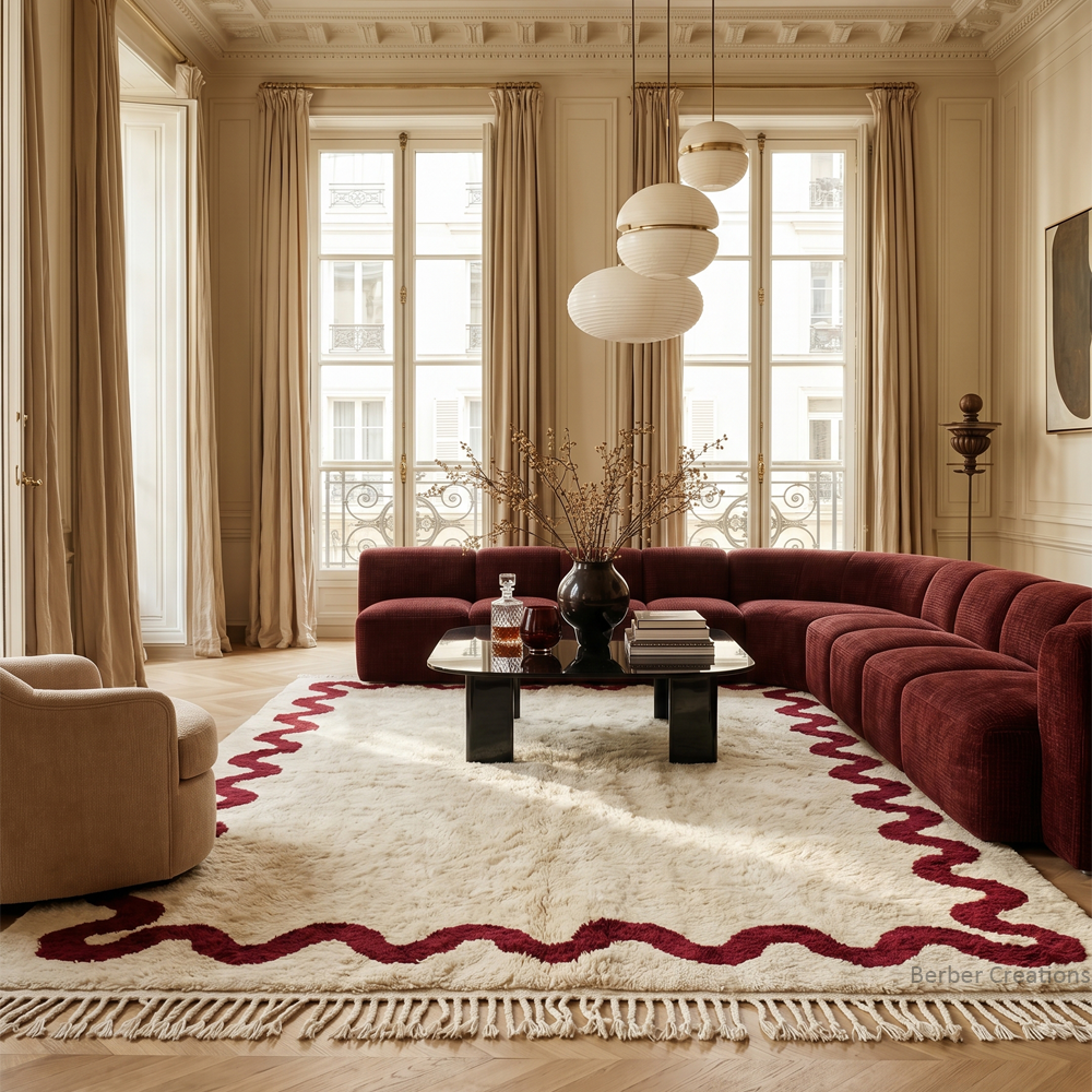 The Crimson Ripple – Minimalist Wavy-Border Cream Moroccan Wool Rug - Image 3