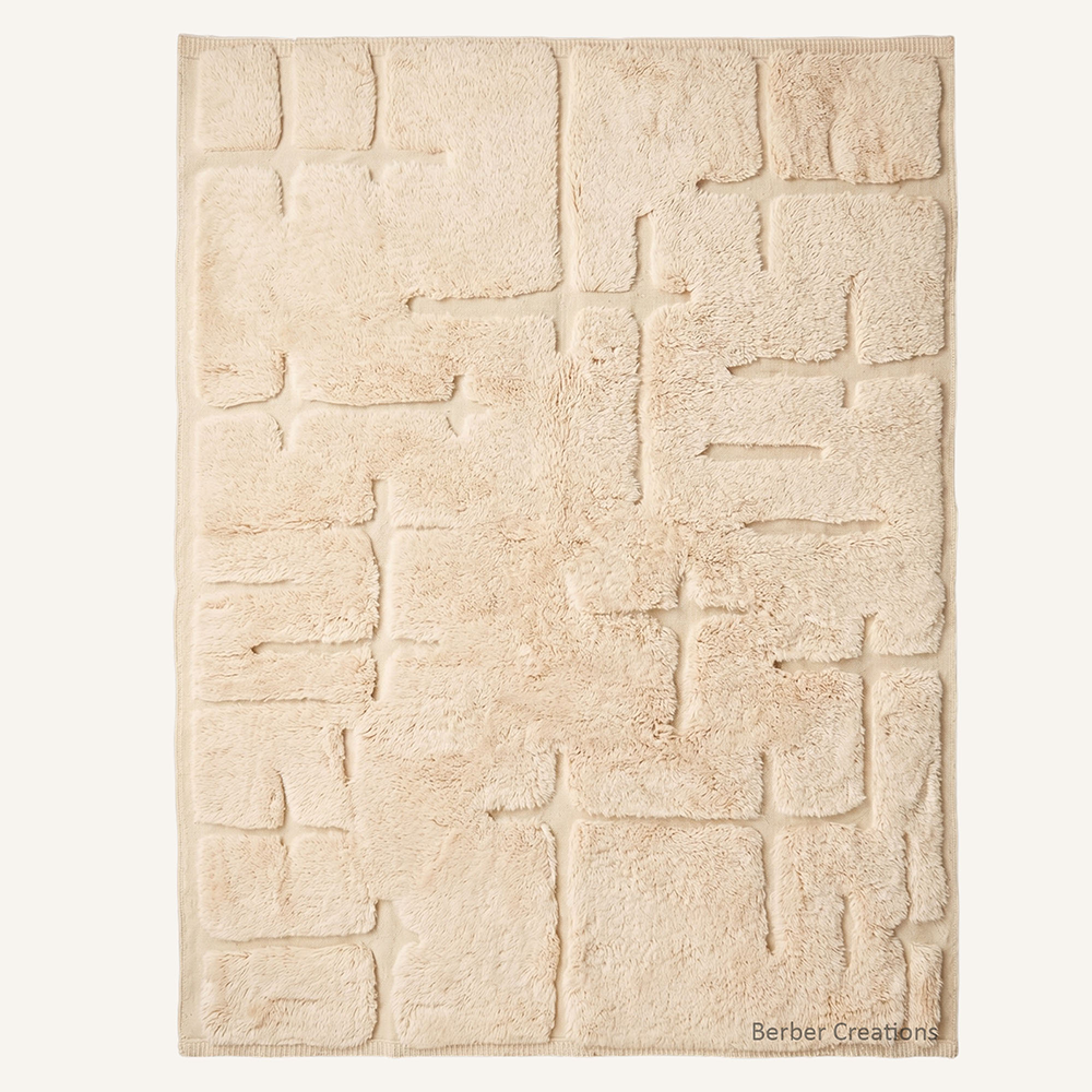 The Desert Current authentic cream ivory Moroccan wool rug, featuring organic vertical wavy stripes