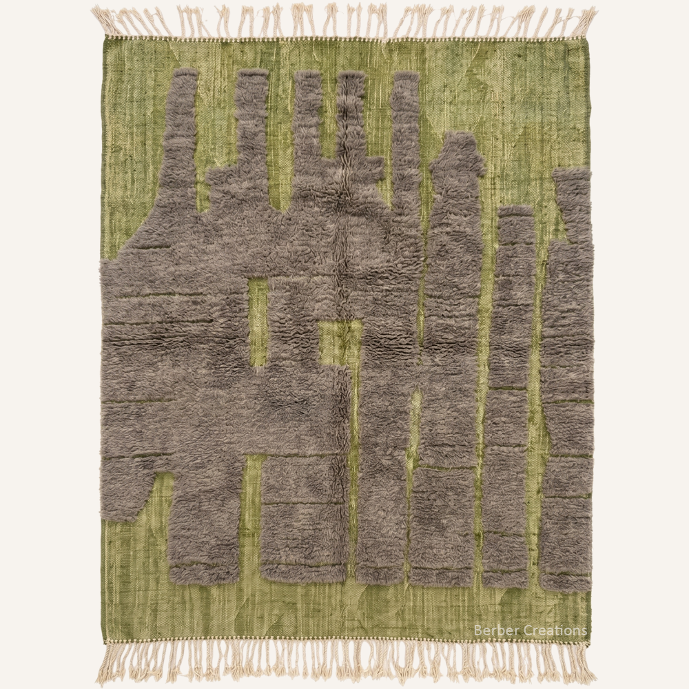 The Moss Architecture authentic green and grey Moroccan wool rug, featuring an abstract 3D high-pile slate grey pattern over a shimmering moss-green flat-woven base