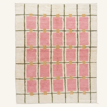 The “Amber Rose Grid” Authentic Moroccan Rug – Geometric Abstract Handwoven Cream, Pink & Amber Beni Ourain Wool Carpet