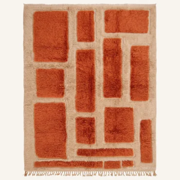The “Amber Terraces” Authentic Moroccan Rug – Modern Geometric Handwoven Amber, Caramel & Cream Beni Mrirt Wool Carpet