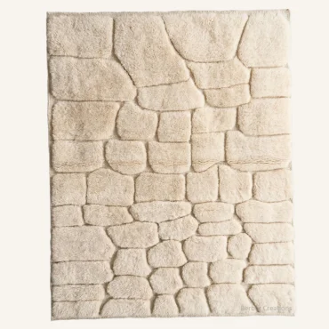 The “Amellago” Authentic Moroccan Rug – 3D High-Low Pile Abstract Cobblestone Geometric Cream Wool Carpet
