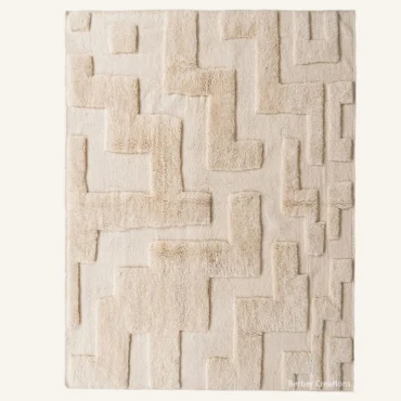 The “Asrar” Authentic Moroccan Rug – 3D High-Low Pile Abstract Stepped Geometric Cream Wool Carpet