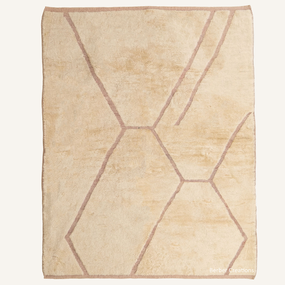 Minimalist abstract "Blush Horizon" Moroccan wool rug with cream pile, featuring fine dusty rose geometric lines, hand-knotted by Berber Creations.