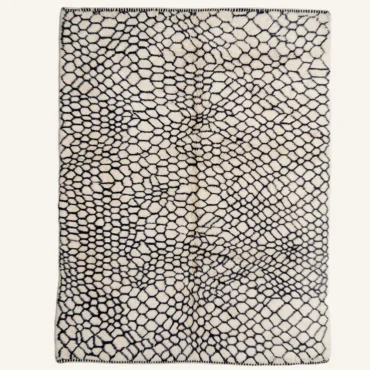 The “Obsidian Net” Authentic Moroccan Rug – Abstract Cellular Honeycomb Handwoven Cream & Black Beni Ourain Wool Carpet