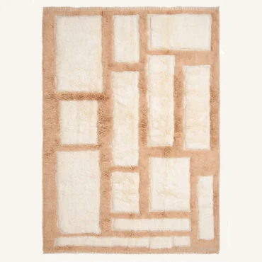 The “Caramel Blocks” Authentic Moroccan Rug – Abstract Geometric Panelled Handwoven Cream & Caramel Beni Ourain Wool Carpet