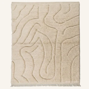 The “Cream Dunes” Authentic Moroccan Rug – Abstract Carved Wave Textured Handwoven Cream Beni Ourain Wool Carpet