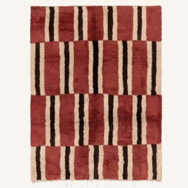 The “Crimson Rhythm” Authentic Moroccan Rug – Modern Geometric Handknotted Burgundy, Mocha & Cream Beni Mrirt Wool Carpet