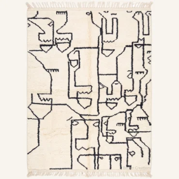 The “Cubist Faces” Authentic Moroccan Rug – Abstract Picasso-Inspired Line Art Handwoven Cream & Black Beni Ourain Wool Carpet