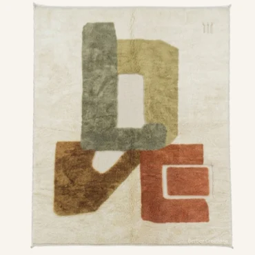 The “Sculpted Amour” Authentic Moroccan Rug – Abstract Geometric “LOVE” Typography Handwoven Cream, Sage & Terracotta Wool Carpet