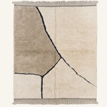The “Earth Fractures” Authentic Moroccan Rug – Modern Geometric Handwoven Cream, Taupe & Charcoal Beni Ourain Wool Carpet