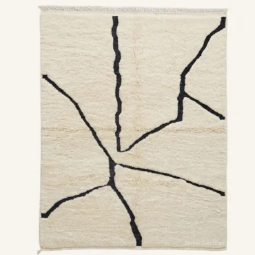 The “Fractured Earth” Authentic Moroccan Rug – Minimalist Abstract Charcoal & Cream Handknotted Beni Ourain Wool Carpet