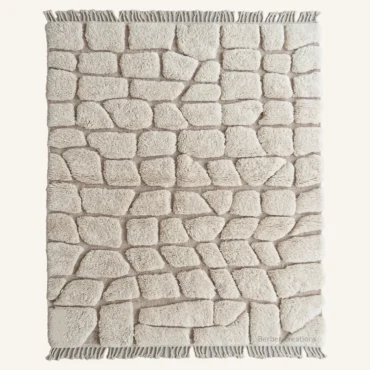 The “Imilchil” Authentic Moroccan Rug – 3D High-Low Pile Abstract Cobblestone Geometric Cream Wool Carpet