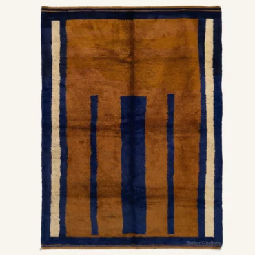 The “Indigo Pillars” Authentic Moroccan Rug – Architectural Handwoven Caramel & Deep Blue Beni Mrirt Wool Carpet