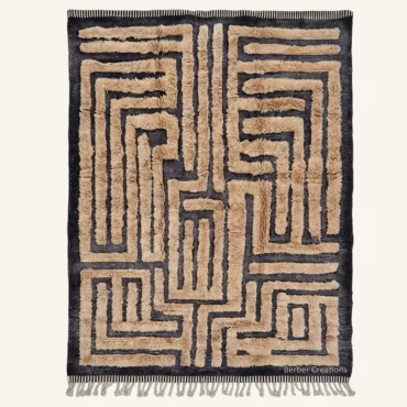 Ines Minimalist Labyrinth Labyrinthine Hand-Knotted Sand Beige and Charcoal Beni Ourain Wool Rug