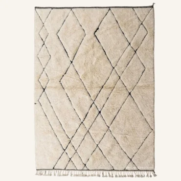 Layla Minimalist Asymmetric Diamond Hand-Knotted Cream and Black Beni Ourain Wool Rug
