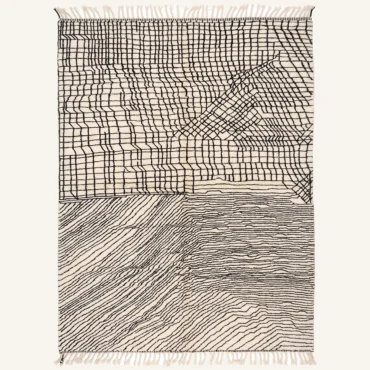 The “Linear Maze” Authentic Moroccan Rug – Abstract Geometric Linear Grid Handwoven Cream & Black Wool Carpet