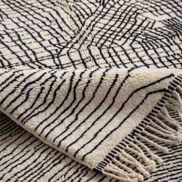 The “Linear Maze” Authentic Moroccan Rug – Abstract Geometric Linear Grid Handwoven Cream & Black Wool Carpet