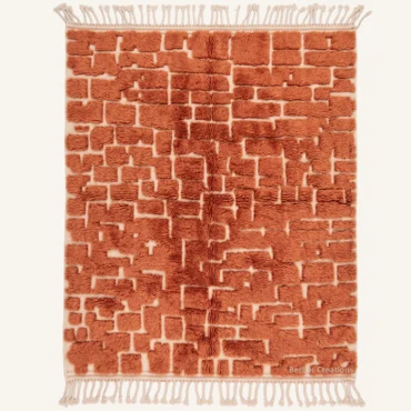 Malika Abstract Brick Cubism Hand-Knotted Rust Orange Beni Mrirt Wool Rug
