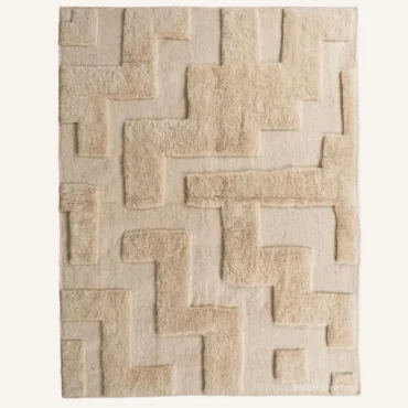 Malika Abstract Geometric Step Bas-Relief Hand-Knotted Pure Cream Beni Mrirt Wool Rug