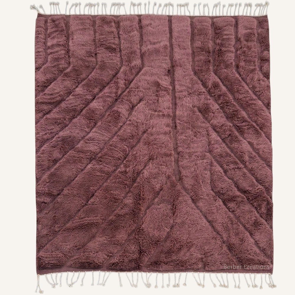 Geometric "Mauve Meridian" Moroccan wool rug with plush pile, featuring a monochrome dusty rose and mauve palette with high-low carved lines, hand-knotted by Berber Creations