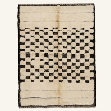 The “Midnight Pixel Checker” Authentic Moroccan Rug – Abstract Checkerboard Geometric Handwoven Cream & Black Beni Ourain Wool Carpet