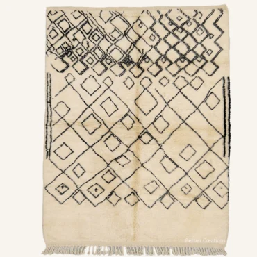 Nadia Transitional Geometric Diamond Lattice Hand-Knotted Cream and Black Beni Ourain Wool Rug