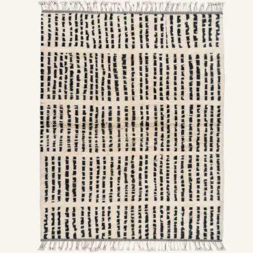 The “Obsidian Morse” Authentic Moroccan Rug – Abstract Rhythmic Dashed Line Handwoven Cream & Black Beni Ourain Wool Carpet