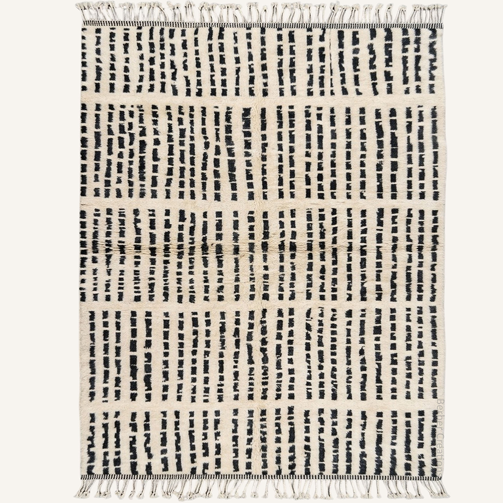 Abstract "Obsidian Morse" Moroccan wool rug with plush pile, featuring rhythmic columns of black dashes on a soft cream background, hand-knotted by Berber Creations.