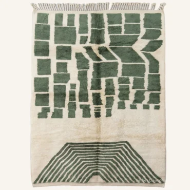 The “Olive Mosaic” Authentic Moroccan Rug – Abstract Geometric Deconstructed Block & Chevron Arch Handwoven Cream & Sage Green Beni Ourain Wool Carpet