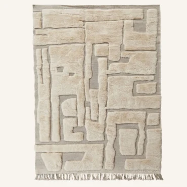 The “Sculpted Labyrinth” Authentic Moroccan Rug – 3D High-Low Pile Abstract Geometric Cream & Taupe Wool Carpet