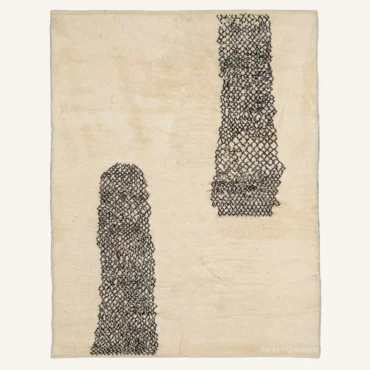 The “Serpent Pillars” Authentic Moroccan Rug – Abstract Handwoven Black & Cream Beni Ourain Wool Carpet