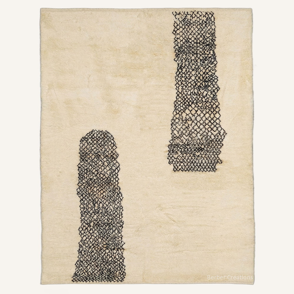 Abstract minimalist "Serpent Pillars" Moroccan wool rug with black honeycomb columns on a cream background, hand-knotted by Berber Creations.