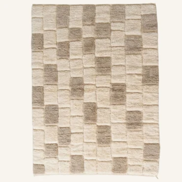 Soraya Checkerboard Block Hand-Knotted Taupe and Cream Beni Mrirt Wool Rug