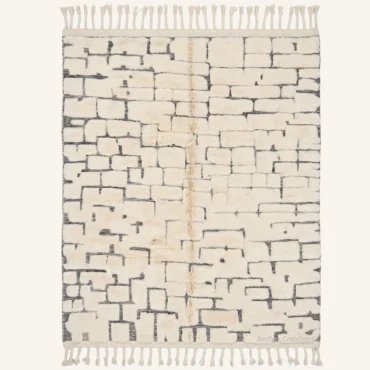 The “Tasnim” Authentic Moroccan Rug – Modernist Cream & Charcoal Geometric Brick-Pattern Wool Carpet